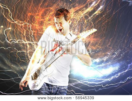Guitar player with white electric guitar surrounded by lightnings