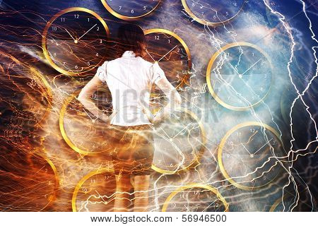 Businesswoman standing - time strategy concept with lightnings