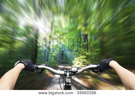 Mountain biking down hill descending fast on bicycle. View from bikers eyes. 