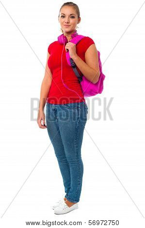 Pretty College Student Carrying Pink Backpack