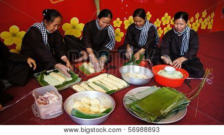 Group Of People Making Traditional Vietnam Food For Lunar New Year