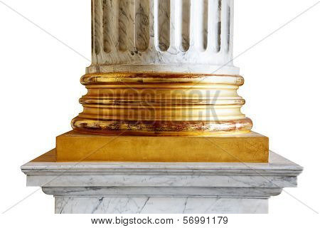 An ancient white marble classical column with gold incrustations