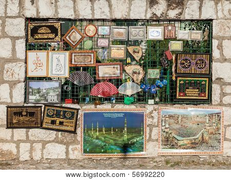 SARAJEVO, BOSNIA AND HERZEGOVINA - AUGUST 12, 2012: Street stand with souvenirs on Bascarsija, the old town, very popular tourist place.