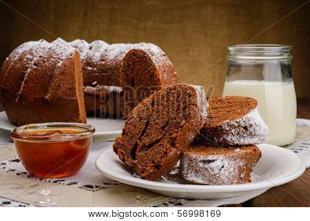 Homemade chocolate Cake, jam and milk