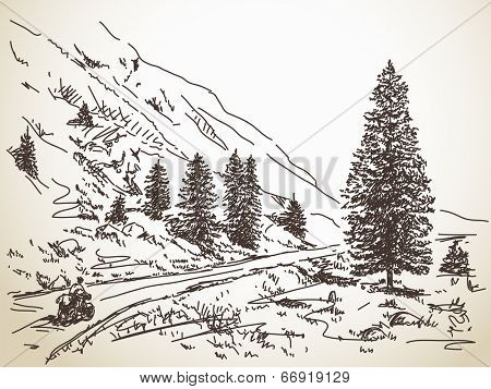 Travel around the world by bicycle, Hand drawn illustration, Vector sketch