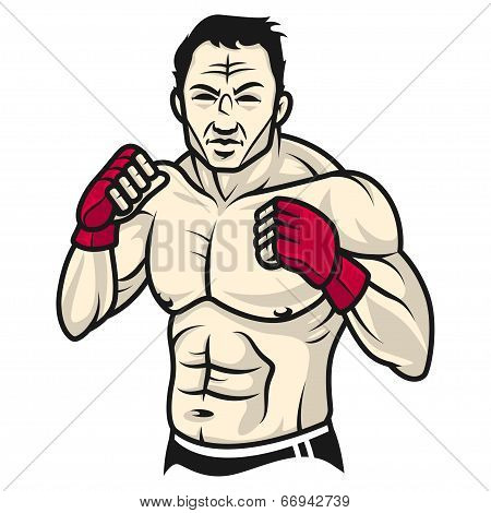 Man fighter stands in rack and gloved