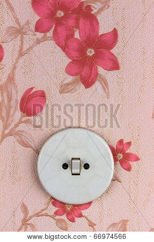an old wallpaper with light switch. symbolic photo for renovation and remodel.