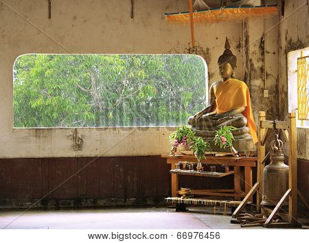Golden Buddha On Rain Background