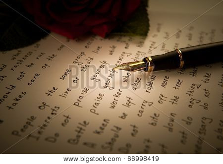Fountain Pen On Text Sheet Paper With Rose