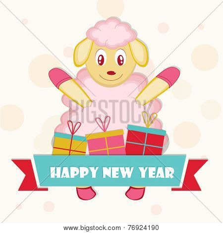 Year of the sheep 2015, New year celebrations greeting card design with kiddish sheep and gift boxes on stylish background.