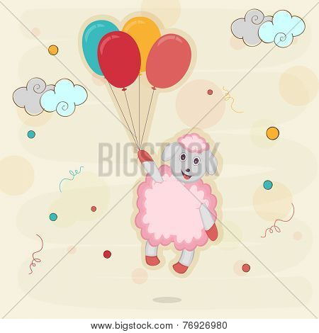 Kiddish greeting card with sheep holding colorful balloons on stylish background for Happy New Year celebrations.