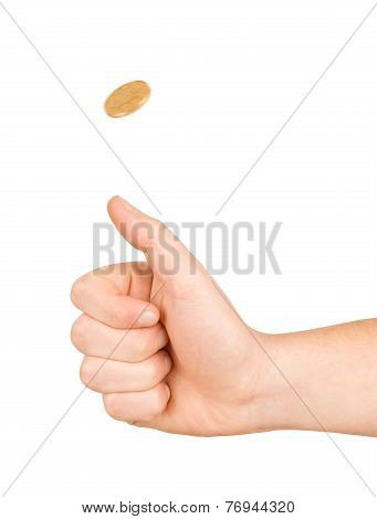 Golden Coin Flip On Isolated White Background