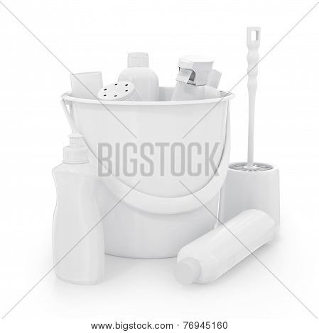 Different Detergent Bottles On White Background. 3D