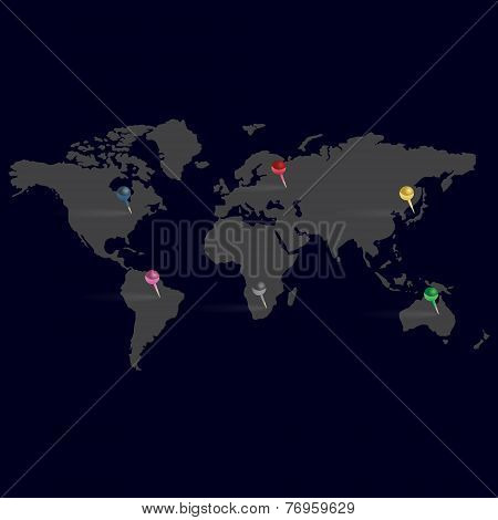 Dark Simple Map Of World With Color Pins Eps10