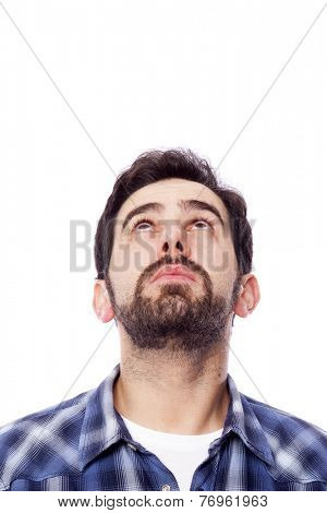 Closep of a man looking up, isolated on white background