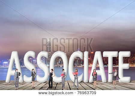 Concept of partner, friends,collaborate with group of business people stand with 3d text. 