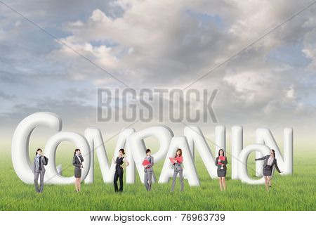 Concept of partner, friends,collaborate with group of business people stand with 3d text. 