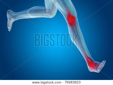 Conceptual 3D human man anatomy or health design, joint or articular pain, ache or injury on blue background