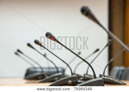 Before A Conference, The Microphones In Front Of Empty Chairs.selective Focus.