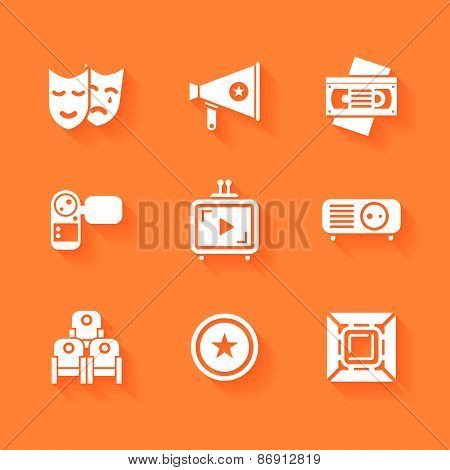 Set of white cinema movie icons. Vector cinema stuff in flat style with shadows.