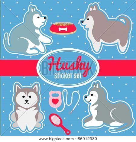 Set of husky breed puppies and dog care accessories stickers