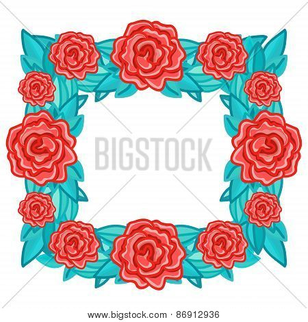 Rectangle floral retro frame with red roses and leaves