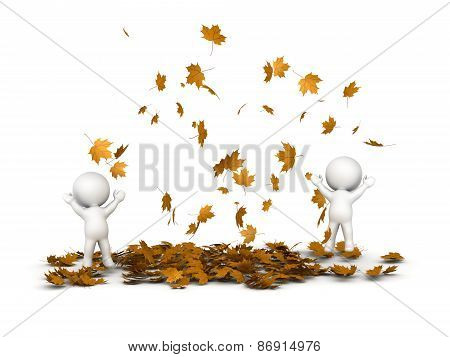 3D Characters Jumping and Many Falling Autumn Leaves