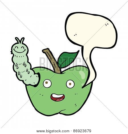 cartoon apple with bug with speech bubble