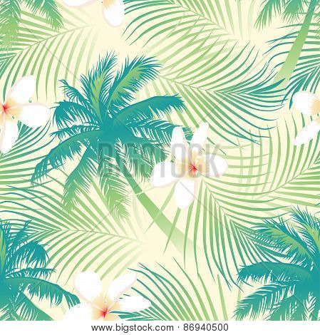 Tropical Palm Tree With Flowers Seamless Pattern