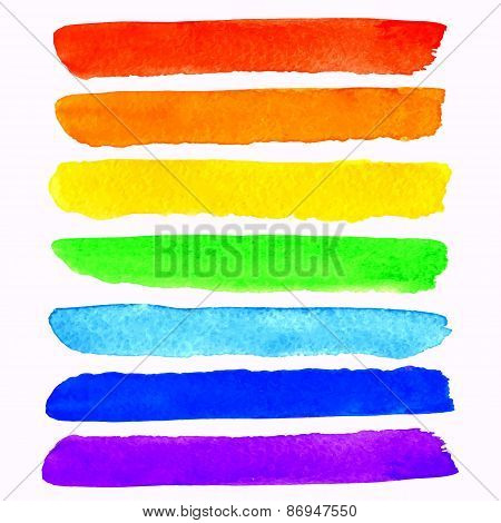 vector set of 7 colorful watercolor rainbow brush strokes