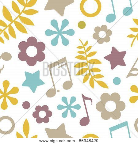 Light Seamless Pattern Of Stars, Notes And Leaves