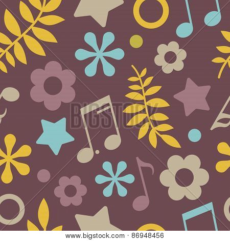 Dark Seamless Pattern Of Stars, Notes And Leaves