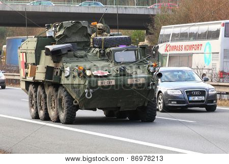 PILSEN CZECH REPUBLIC - APRIL 1, 2015: The M1126 Stryker ICV one part of Dragoon Ride convoy from Operation Atlantic Resolve. Longest march US Army in Europe after second world war.