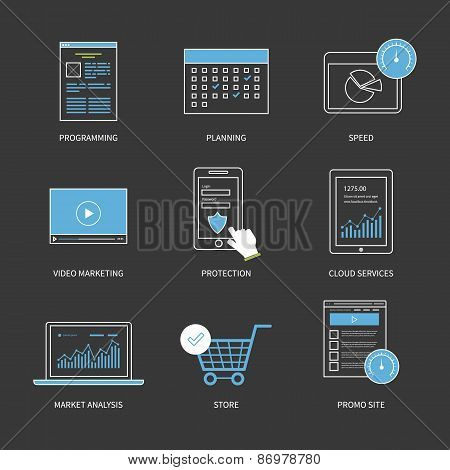 Flat design modern vector illustration concept for planning, programming, video marketing, protectio