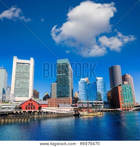 Boston skyline from Fan Pier at sunlight in Massachusetts USA