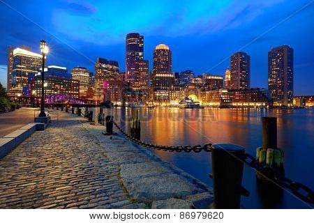Boston sunset skyline from Fan Pier in Massachusetts USA