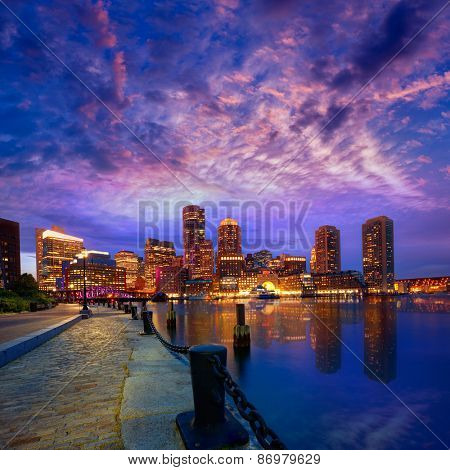 Boston sunset skyline from Fan Pier in Massachusetts USA
