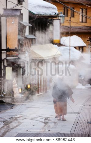 Hot spring resort town Shibu Onsen in Nagano Japan on winter day