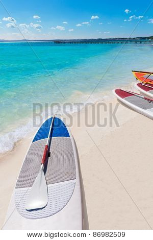 Platja de Alcudia beach Paddle surf board in Mallorca Majorca at Balearic islands