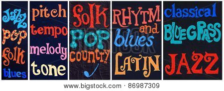 Collage of 5 images with painted music related words on a stucco wall. High resolution available individually. 