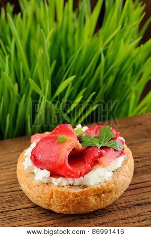 Sandwich With Gravlax, Parsley, Scallion And Cream Cheese On Spring Grass Background