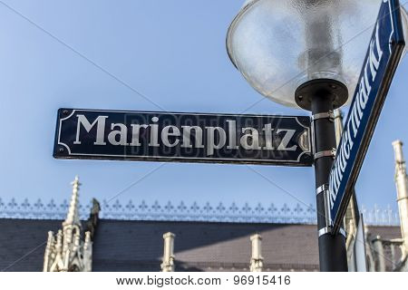 Street Sign Of Marienplatz In Munich, Germany, 2015