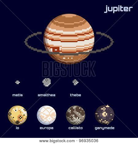 Retro minimalistic set of Jupiter and moons