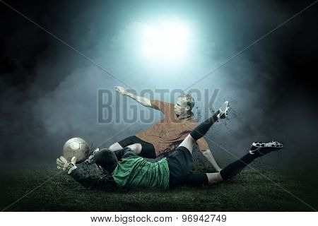 Soccer player with ball in action outdoors