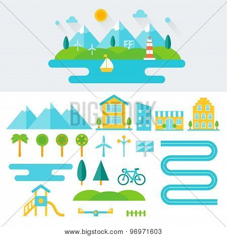 Mountain Landscape Illustration and Set of Elements. Eco-friendly Lifestyle and Sustainable Living C