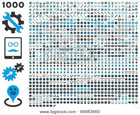 1000 tools, gears, smiles, map markers, mobile icons