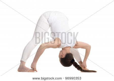 Yogi Female Standing In Wide Stance Forward Bend