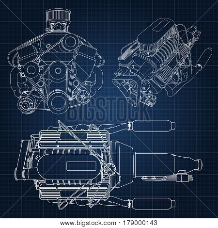 A Set Of Several Types Of Powerful Car Engine. The Engine Is Drawn With White Lines On A Dark Blue S