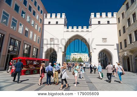 Neuhauser Street And Karlsplatz Gate In Munich At The Day, Germany.