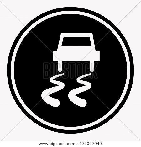Slippery road traffic warning sign with car on icy track symbol. Caution vector isolated icon or label